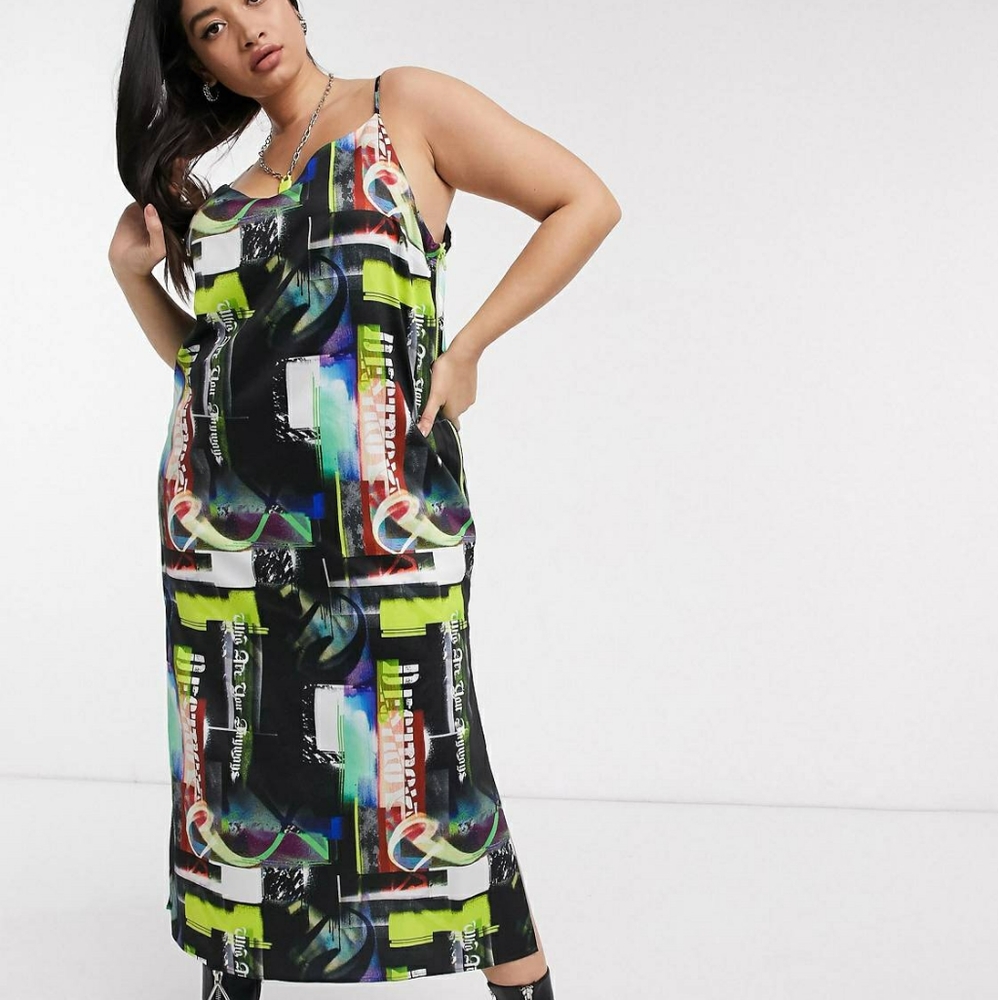 COLLUSION Plus collage zip side midi cami dress